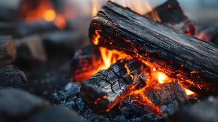 Close-up of glowing embers and burning wood in a campfire.