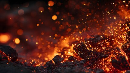 Close-up of glowing embers and sparks from a burning fire.
