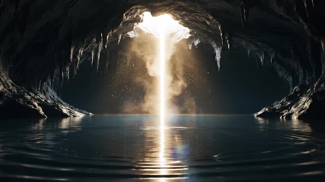 Bright beam of light pouring into dark cave with water, spiritual revelation and holy epiphany concept