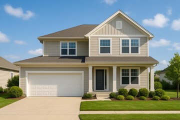 a two-story, single-family home with light tan siding and a dark gray roof. neighborhood with sidewalk. real estate rendering design element.