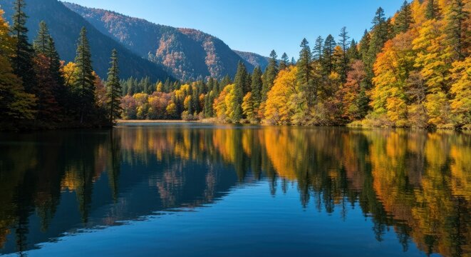Scenic autumn lake scene with colorful trees and reflecting water