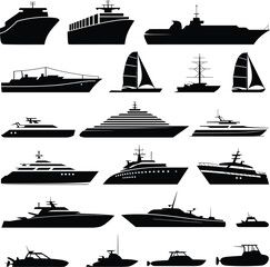Boat, ship, silhouette, maritime, vessel, yacht, cargo, sailboat, speedboat, navy, transport, black, icon, isolated, watercraft, military, sea, ocean, collection, profile