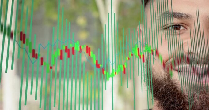 Man reacting with joy to moving finance candles smiling as green or red bars blue-line align with fa