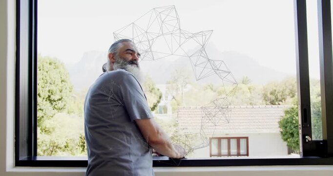 Man reaching window holding phone starting hologram showing roof partner joining hugging watching