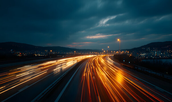 Dynamic Time-Lapse Photo of the Freeway. High Speed Concept Image at Dusk. - Powered by Adobe