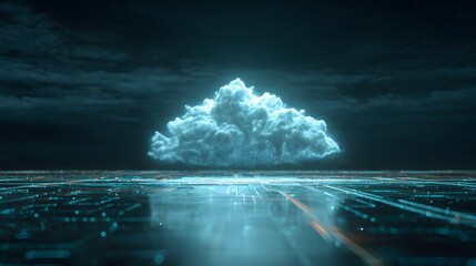 Cloud computing concept with glowing data lines and abstract digital landscape.