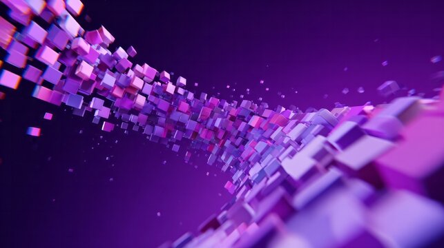 Abstract stream of luminous three dimensional geometric shapes flows through deep space
