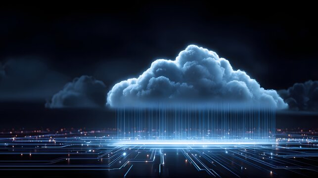 Cloud computing concept with data transfer and digital network infrastructure.