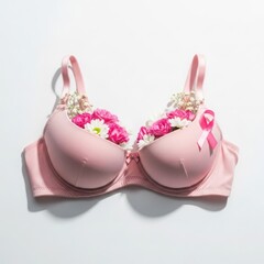 Delicate pink bra adorned with small flowers and pearls isolated on white background