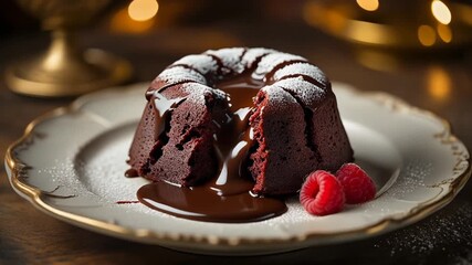 Chocolate lava cake with a molten center, oozing dark chocolate for a rich dessert experience