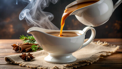 Pouring rich, flavorful gravy into a classic white gravy boat for a delicious holiday meal, garnished with cinnamon sticks and star anise