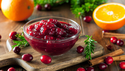 Festive cranberry sauce with oranges and cinnamon sticks for holiday gatherings or elegant Thanksgiving and Christmas dinner presentations