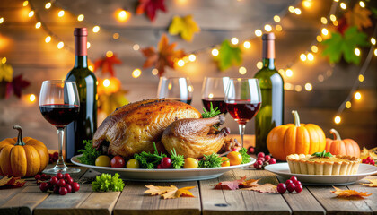 Celebrate Thanksgiving with a delicious turkey dinner and red wine, creating cherished memories around a festive table this autumn season