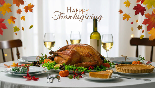 Thanksgiving feast with golden turkey, pumpkin pie, and crisp white wine creates a warm and inviting holiday celebration scene around a bountiful table - Powered by Adobe