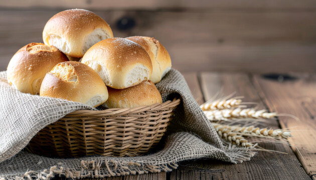 Warm golden buns in wicker basket on rustic wooden table are perfect for a cozy breakfast, lunch, or dinner still life or baking background.