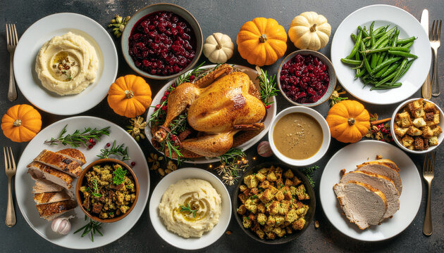 Delicious Thanksgiving feast with turkey, sides, and pumpkins ready for a warm family holiday celebration, creating cherished memories and traditions