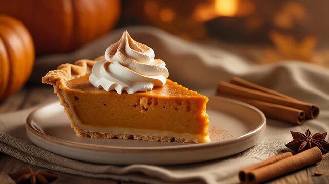 Indulge in a slice of creamy pumpkin pie topped with whipped cream and cinnamon, perfect for a cozy autumn gathering or Thanksgiving celebration