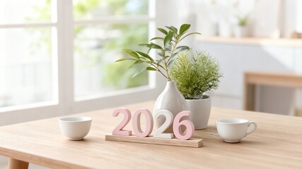 2026 New Year Vision: Sunlit Window Plant Pot Decoration on Table, Symbolizing Vitality and Future Hope for Home Gardening Interior Design.
