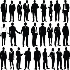 Collection of business professional silhouettes standing in various poses representing corporate teamwork, leadership, communication, office staff, management and modern workplace concepts