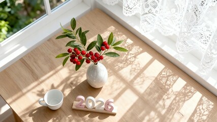 2026 New Year Vision: Sunlit Window Plant Pot Decoration on Table, Symbolizing Vitality and Future Hope for Home Gardening Interior Design.
