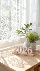2026 New Year Vision: Sunlit Window Plant Pot Decoration on Table, Symbolizing Vitality and Future Hope for Home Gardening Interior Design.
