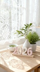 2026 New Year Vision: Sunlit Window Plant Pot Decoration on Table, Symbolizing Vitality and Future Hope for Home Gardening Interior Design.

