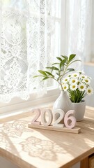 2026 New Year Vision: Sunlit Window Plant Pot Decoration on Table, Symbolizing Vitality and Future Hope for Home Gardening Interior Design.
