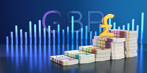 Stacked British pound banknotes with golden GBP symbol and financial growth chart