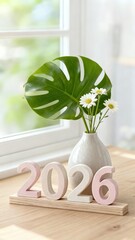 2026 New Year Vision: Sunlit Window Plant Pot Decoration on Table, Symbolizing Vitality and Future Hope for Home Gardening Interior Design.
