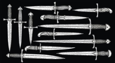 Medieval cold weapons collection of antique swords and sharp knives, rendered in a dramatic flat 2D engraving-style illustration set against a deep black background, evoking historical combat.