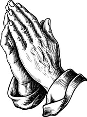 The prayer hands engraving style illustration shows praying hands in the prayer hands engraving style illustration. In detailed prayer hands engraving style illustration shows clasped hands.