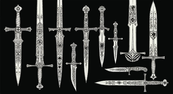 A set of engraved medieval warrior weapons, including various longswords and sharp knives, is presented as a vintage 2D flat line art illustration isolated on a stark black background.