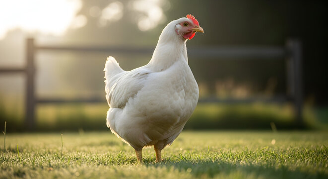 Live Broiler Chicken Standing on Farm Ground in Natural Light