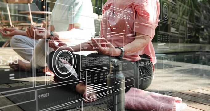 Senior couple meditating on patio, wearable sending data, HUD showing watch and bottle for wellness