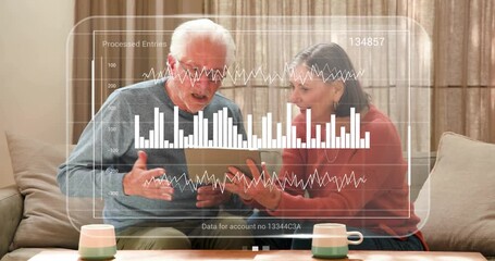 Senior couple, woman reaching tablet, tapping and showing processed data while tech HUD updating - Powered by Adobe