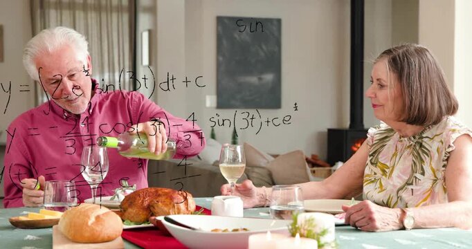 Senior man reaching, pouring wine to share meal, handwritten math overlays growing over table