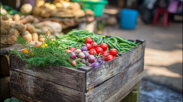 crate. Fresh vegetables neatly arranged in a rustic wooden crate with natural sunlight. menu design, packaging mockups, designed for food delivery and cloud-kitchen brand materials.