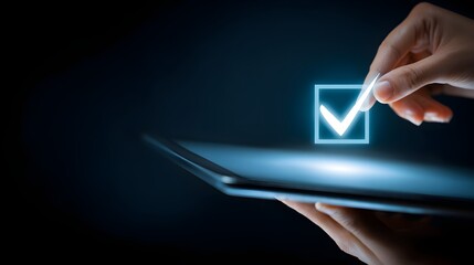 Digital Checkmark on Tablet Screen Representing Online Survey or Voting.
