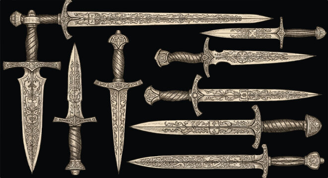 A comprehensive flat 2D medieval weapon collection showcases detailed engraved swords, sharp daggers, and antique utility knives rendered in a vintage sketch style on a dramatic black background.