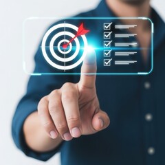 Man s finger touching a glowing digital target with an arrow hitting the bullseye and a checklist isolated on white background