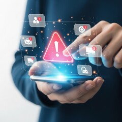 Person interacting with a digital warning sign and notification icons on a smartphone isolated on white background