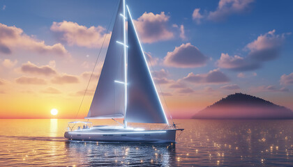 Luxury yacht sailing into the sunset, a symbol of freedom and adventure on the open sea, perfect for aspirational travel and high-end lifestyle campaigns