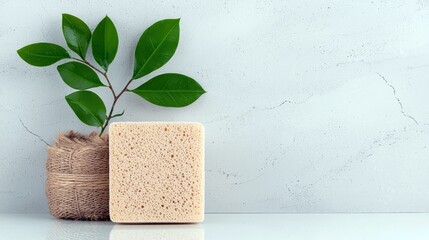 A natural sponge and a green plant branch in a burlap pot sit on a white surface against a textured light gray wall. The scene is lit softly, creating a clean a