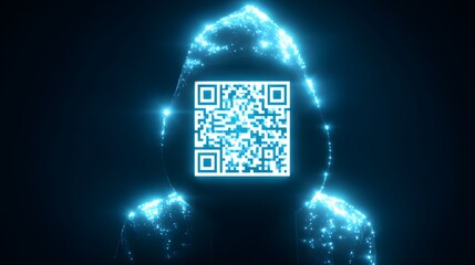 Digital QR Code in Abstract Glowing Blue Light Silhouette of a Person.