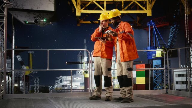 Diverse experts using aerial photography for offshore oil rig during drone survey, supporting environmental assessment, site planning and inspection in the marine energy industry. Camera A.