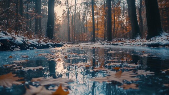 Reflections of winter's embrace in a tranquil forest stream scene