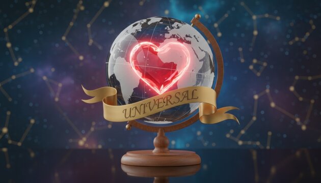 Glass Globe with a Radiant Heart and universal Banner, Symbolizing Global Love and Unity