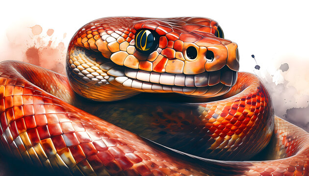 Vivid orange and red corn snake coiled and smiling