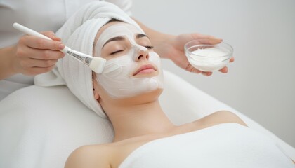 Professional Beautician Applying a Refreshing White Facial Mask to a Womans Face at a Spa