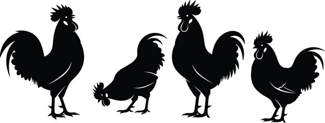 Collection of rooster silhouettes in various standing and feeding poses, showcasing farm animal artwork for agriculture, poultry, and rural themed designs